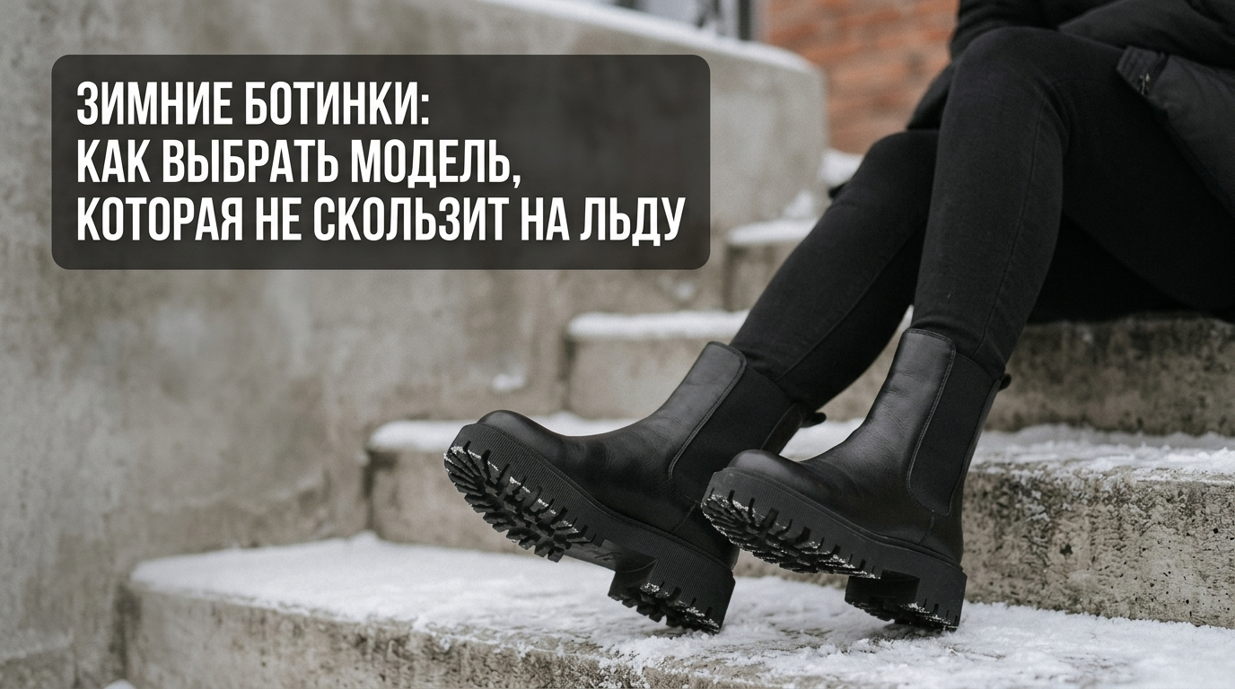 Зимние ботинки с глубоким протектором стоят на льду, демонстрируя надежное сцепление с поверхностью