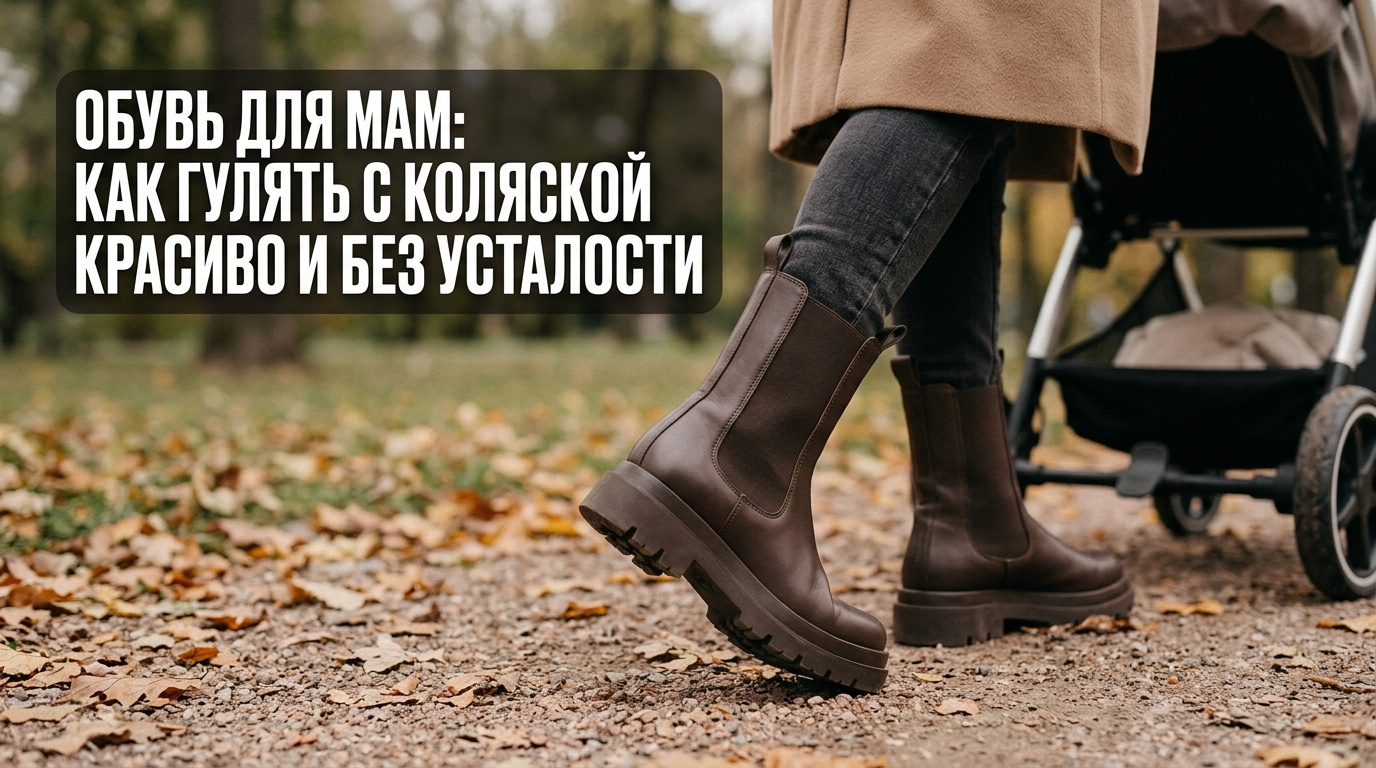 Молодая мама в стильной и удобной обуви гуляет с детской коляской, пример комфортного повседневного образа