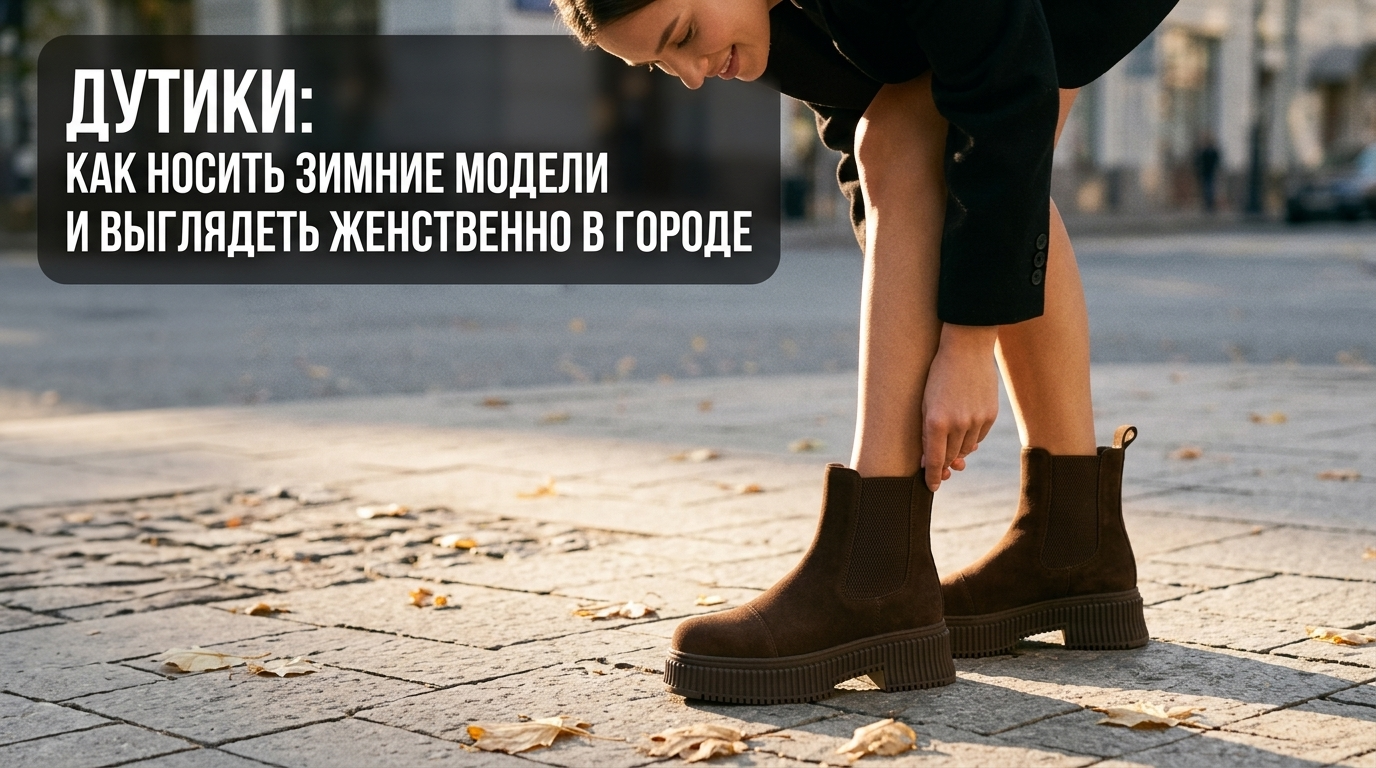 Девушка в модных зимних сапогах-дутиках и женственном наряде на фоне городской улицы