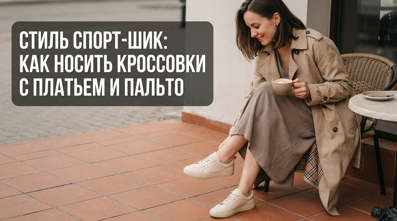 Модный женский образ в стиле спорт-шик: стильное сочетание белых кроссовок, элегантного платья и классического пальто