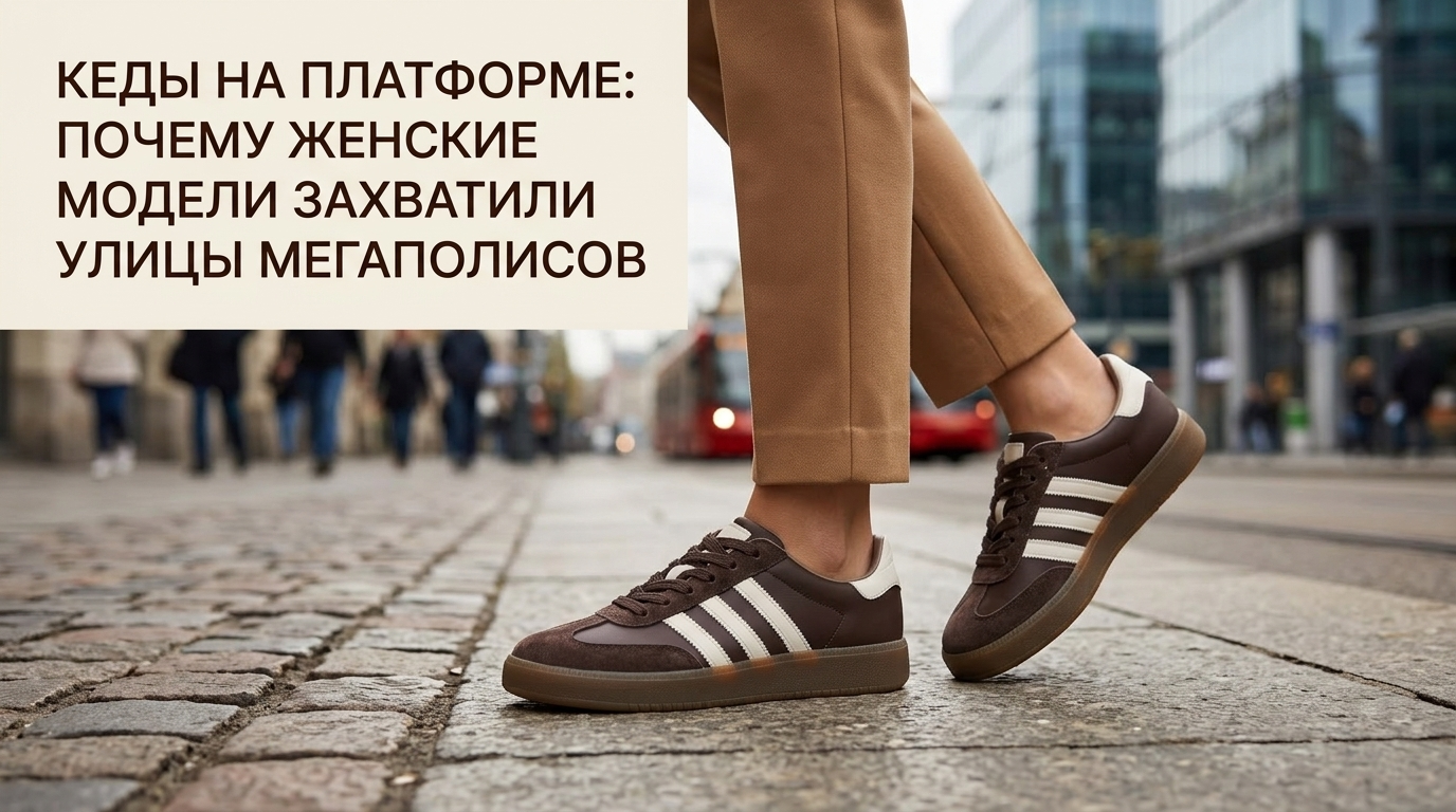 Стильные женские кеды на платформе на фоне современной улицы мегаполиса